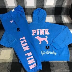 VS PINK BLUE CHARGE SWEATPANTS OUTFIT & FULL ZIP & PINK DOG LOGO SMALL/MEDIUM